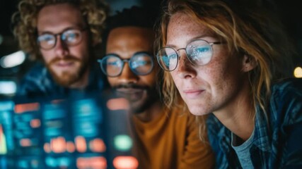Three diverse colleagues intently focused on a glowing computer screen - Powered by Adobe