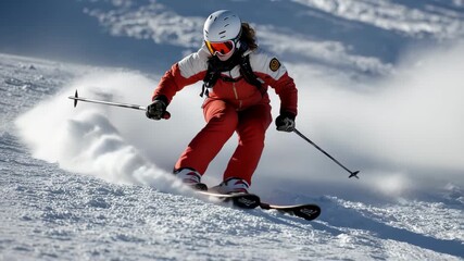 Young skier aggressively carving through fresh powder on an alpine slope under bright sunny skies - Powered by Adobe