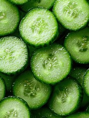 Freshly sliced cucumbers displaying vibrant green colors and a juicy texture, perfect for salads or refreshing snacks.
