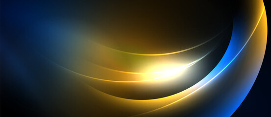Abstract flowing lines, vibrant colors blend. Blue, gold, light create dynamic energy, smooth gradients. Modern design, elegant composition.