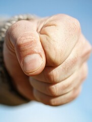 A close-up of a human fist, with skin details visible, against a clear blue sky, symbolizing strength or determination.