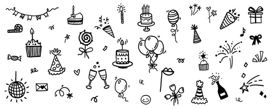 Cute vector happy birthday party icon hand drawn doodle set with garlands, cake, balloons, fireworks, bunting. Celebrate the happy anniversary, wedding day collection