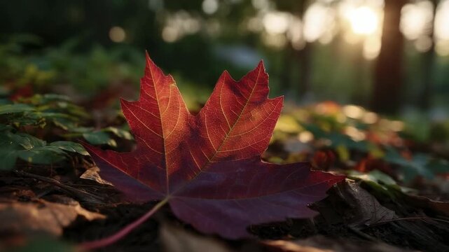 A close-up ground-level view of a vibrant red maple leaf resting on the forest floor backlit by the warm golden light of the sun