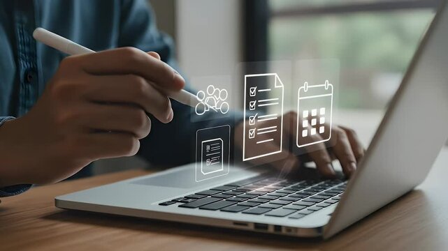 Person Using Digital Tablet Handwriting Notes and Managing Tasks on Laptop in Modern Office Environment - Powered by Adobe