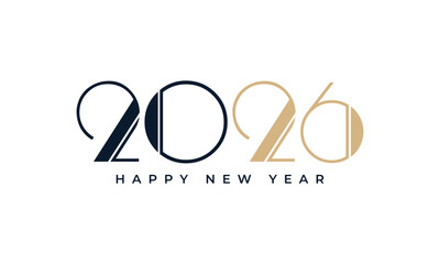Stylized 2026 happy new year text with elegant dark blue and golden numbers, holiday greetings, celebrations, and events. Vector Happy new year 2026 design. 2026 logo text design.
