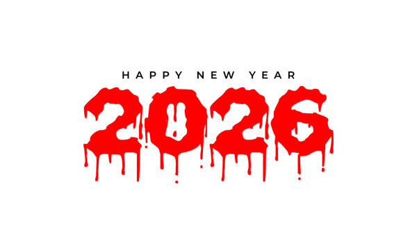 Happy new year 2026 greeting card design with vivid red dripping paint or blood like effect for a unique and edgy celebration. Vector Happy new year 2026 design. 2026 logo text design.