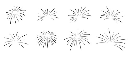 A set of fireworks icons, vector illustration, isolated on a white background. A graphic holiday element for design, postcards, posters, and Christmas. Sparks, lights, explosions, flashes in the sky