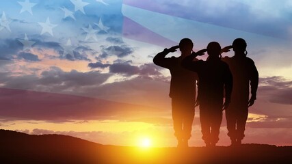 Silhouettes of soldiers saluting on background of sunset or sunrise and USA flag. Veterans Day, Memorial Day, Independence Day. America celebration. - Powered by Adobe