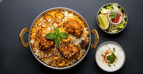 Chicken Biryani Served with Salad and Raita &ndash; Traditional Indian Food