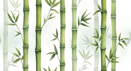 Artistic watercolor illustration of a seamless green bamboo forest pattern, embodying concepts of zen, tranquility, and natural harmony