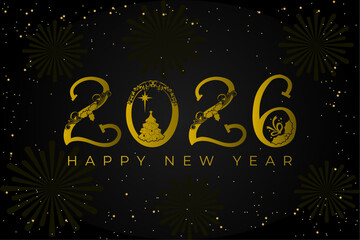 Elegant happy new year 2026 greeting card with ornate golden typography, festive decorations, fireworks illustration, and sparkling particles. Vector Happy new year 2026 design. 2026 logo text design.