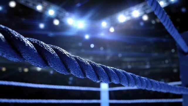 A close-up of a blue braided rope in a fighting ring with bright spotlights in the background