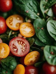 A vibrant mix of red and yellow tomatoes nestled among fresh spinach leaves, showcasing natural colors and healthy food.