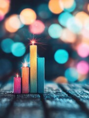A vibrant, abstract representation of bar graphs with glowing colors, set against a blurred background of colorful bokeh lights.