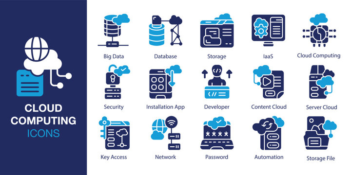 Cloud Computing Icon set. Containing storage, database, network, virtualization, devops and more. Solid vector icons collection. Vector illustration.