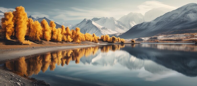 a scenic autumn landscape with vibrant yellow and orange trees reflected in a calm lake, snow-capped mountains in the background, dramatic sky with clouds, peaceful and serene atmosphere, detailed, hi - Powered by Adobe
