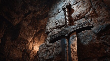 Ancient sword embedded in stone wall with ornate details and transparent background