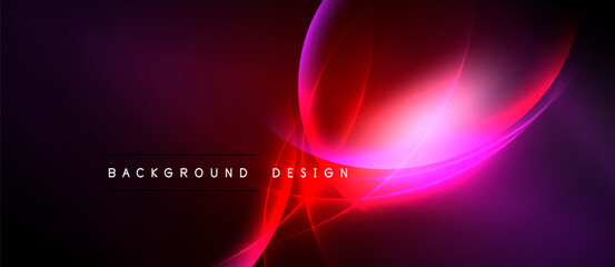Abstract background features vibrant red, purple curves. Dark edges frame luminous design elements. Modern, dynamic composition.