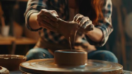 An artisan craftsman using a potter's wheel to shape clay pottery with their hands. - Powered by Adobe