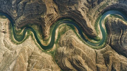 Fototapeta premium Extremely Winding River Meandering Through Arid Canyon Landscape from Above