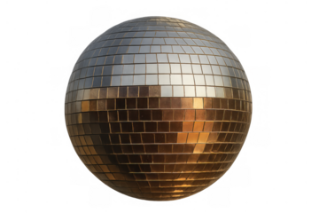 Reflective disco ball featuring gold and silver mosaic tiles creating a vibrant party symbol with transparent background