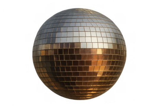 Reflective disco ball featuring gold and silver mosaic tiles creating a vibrant party symbol with transparent background