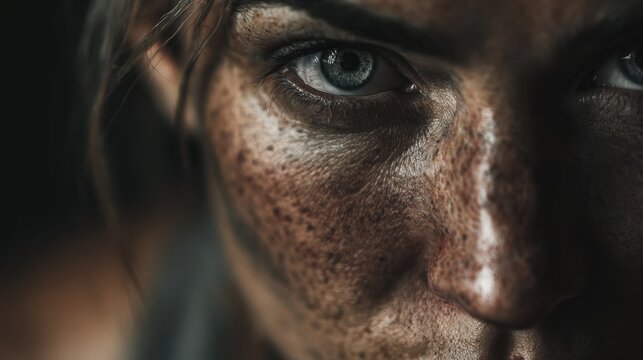 Close-up of a woman's intense gaze, highlighting determination and grit, with sweat and dirt on her skin, captured during a challenging outdoor activity at dusk