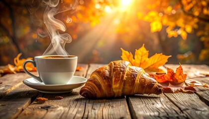 Warm coffee, croissant, autumnal leaves on wood, sunlit backdrop, steaming drink, cozy scene, golden tones, relaxing vibe