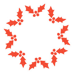 Christmas Holly Wreath. Hand drawn playful card or poster Xmas Botanical template, berries and leaves with crayon texture. Red sketch drawing round border