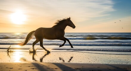 Powerful horse silhouette running on the beach during a golden sunset.