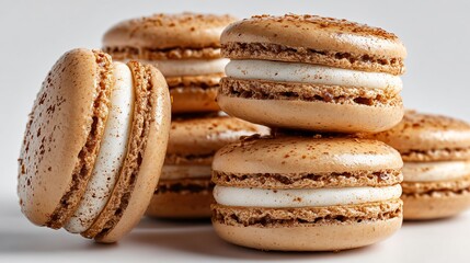 Delicious gingerbread macarons with spiced filling, soft white background