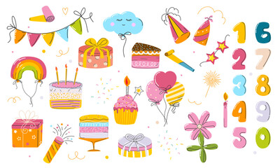 Happy birthday party set with gifts, balloons, cupcake, dessert, cake and numbers. Design elements for card, invitation, sticker, pattern, banner. Vector illustration