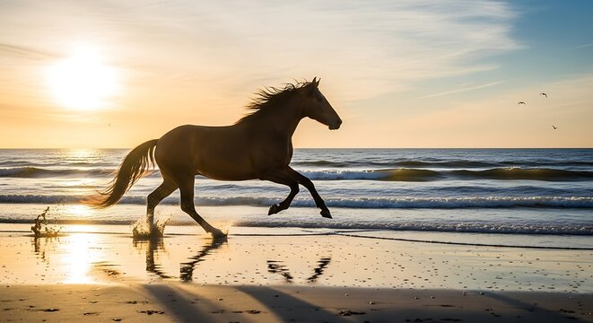 Powerful horse silhouette running on the beach during a golden sunset. - Powered by Adobe