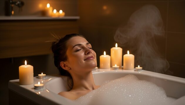Serene woman with eyes closed enjoying peaceful bath surrounded by glowing candles in warm, atmospheric bathroom setting. Relaxation and self-care moment.