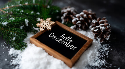 A festive flat lay winter composition with a wooden photo frame placed on a dark background sprinkled with artificial snow, featuring the handwritten phrase "hello December" in ele