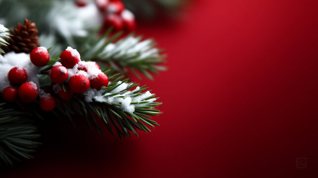 A bright festive flat lay composition with Christmas pine branches and red berries covered with a light touch of artificial snow arranged along the right side of a vivid red backgr - Powered by Adobe