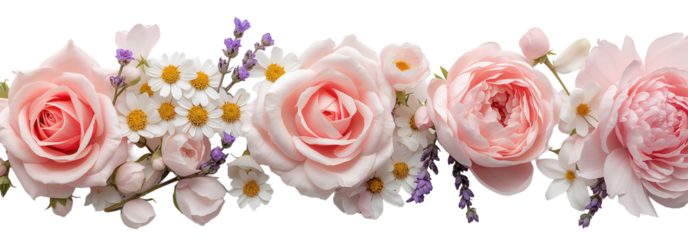 Floral composition featuring roses, daisies, and lavender, evoking a sense of delicate beauty.