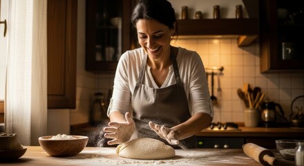 Smiling woman in an apron preparing a large ball of dough on a floured wooden counter, clapping her hands and dusting flour in a rustic, warmly lit kitchen.