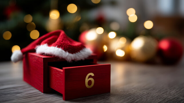 A festive still-life Christmas scene featuring a bright red wooden advent calendar with golden numbers. One drawer, number 6, is slightly open and decorated with a small Santa hat, - Powered by Adobe