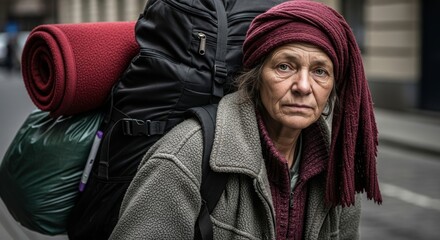 A dramatic close-up portrait of a sad, elderly homeless woman with a headscarf, carrying a heavy backpack with her belongings on a city street. Realistic and somber atmosphere.