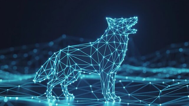 Digital Howling: Luminous Geometric Wolf on a Connected Network Landscape
