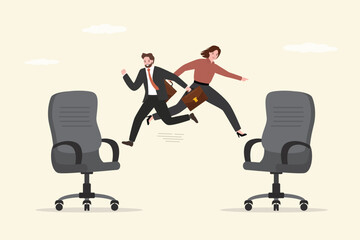 Business man and woman jump on office chair metaphor of job rotation. employee switch position for new skill and experience, moving to new responsibility within organization