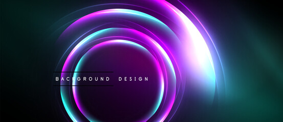 Abstract neon circles over dark background. Vibrant colors blend, creating futuristic design. Text reads background design.