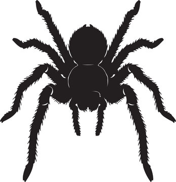 Black silhouette of a tarantula spider with hairy legs on a white background Keywords: spider, tarantula, silhouette, black, insect, arachnid, creepy, scary, Halloween, on transparent background