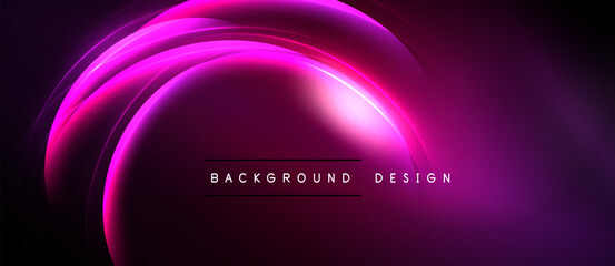 Abstract purple neon curves create dynamic background. Bright light radiates from center, forming modern design element.