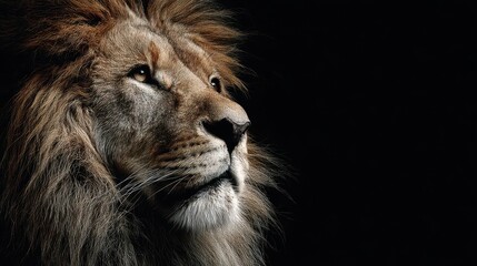 Naklejka premium Majestic lion gazes thoughtfully in low light, showcasing its powerful features and thick mane against a dark background