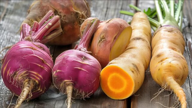 A variety of radishes with different colors and sizes are displayed on a wooden surface.