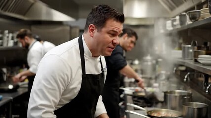 A chef in a white uniform and black apron yells in a busy kitchen with other chefs