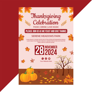 Modern Thanksgiving flyer template with pumpkins, autumn leaves, and fall tree illustration, ideal for seasonal events, restaurant promotions, community gatherings, and party invitations