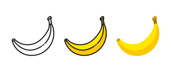 Banana flat icons in outline and colorful style on a white background, vector illustration